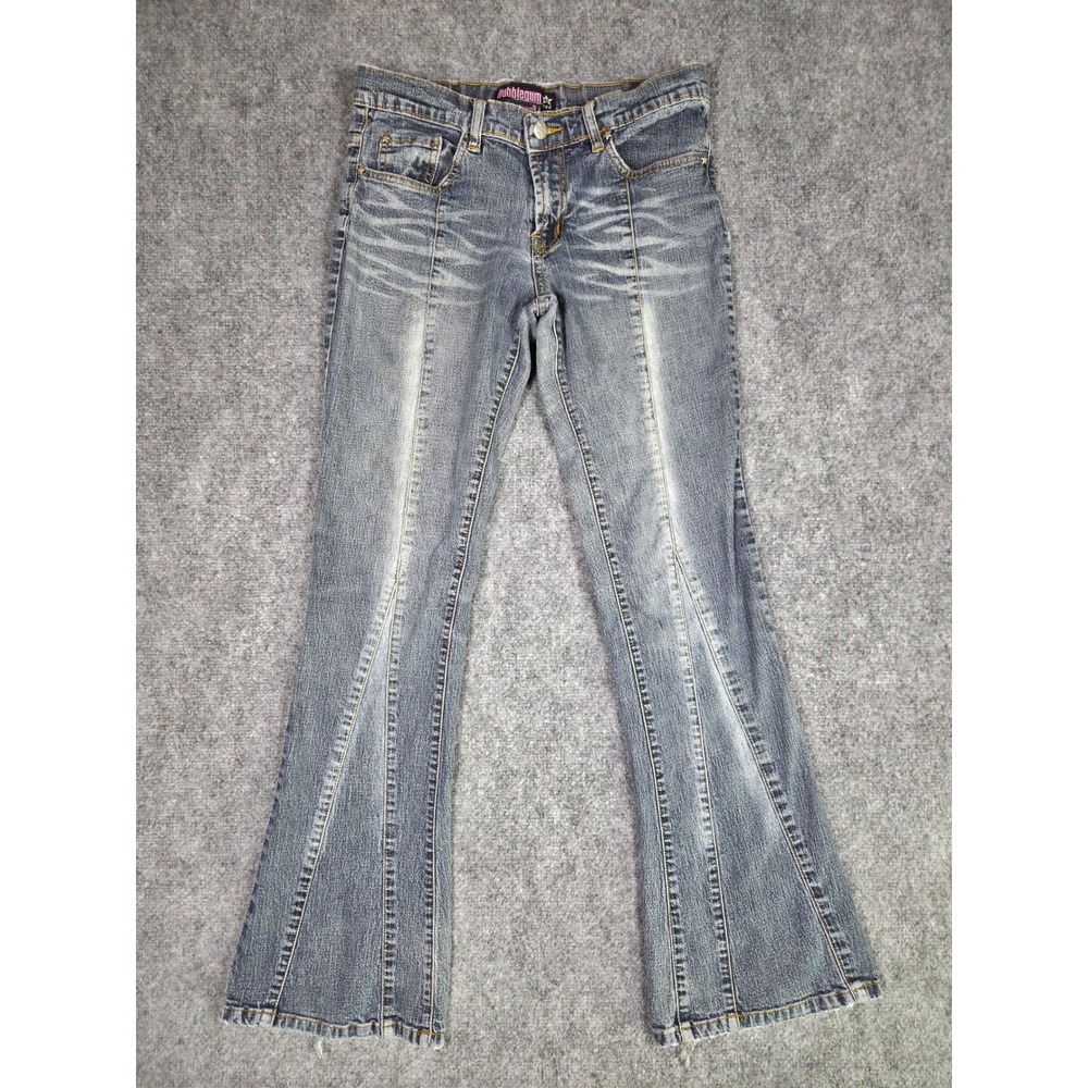 Bubblegum Flare Jeans Womens 7/8 Blue Denim Low Rise Seam Detail Stretch
